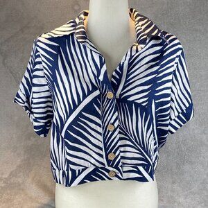 Panama Jack Crop Top Womens XS Blue White Linen Tropical Beachy Button Front